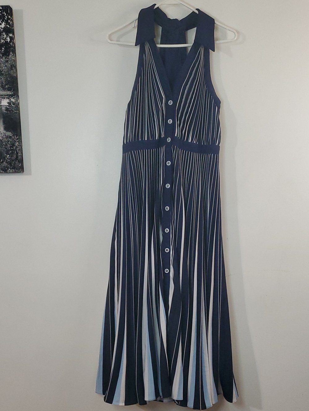 Anthropologie Halter Pleated Navy and White Striped Midi Dress Sailor Nautical - Picture 4 of 16